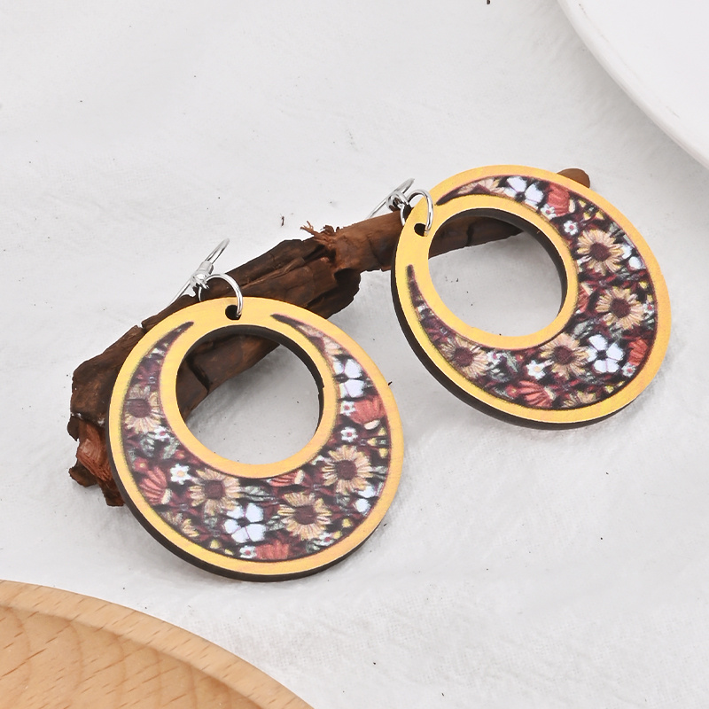 Ethnic Style Wooden Crescent Sunflower Print Earrings